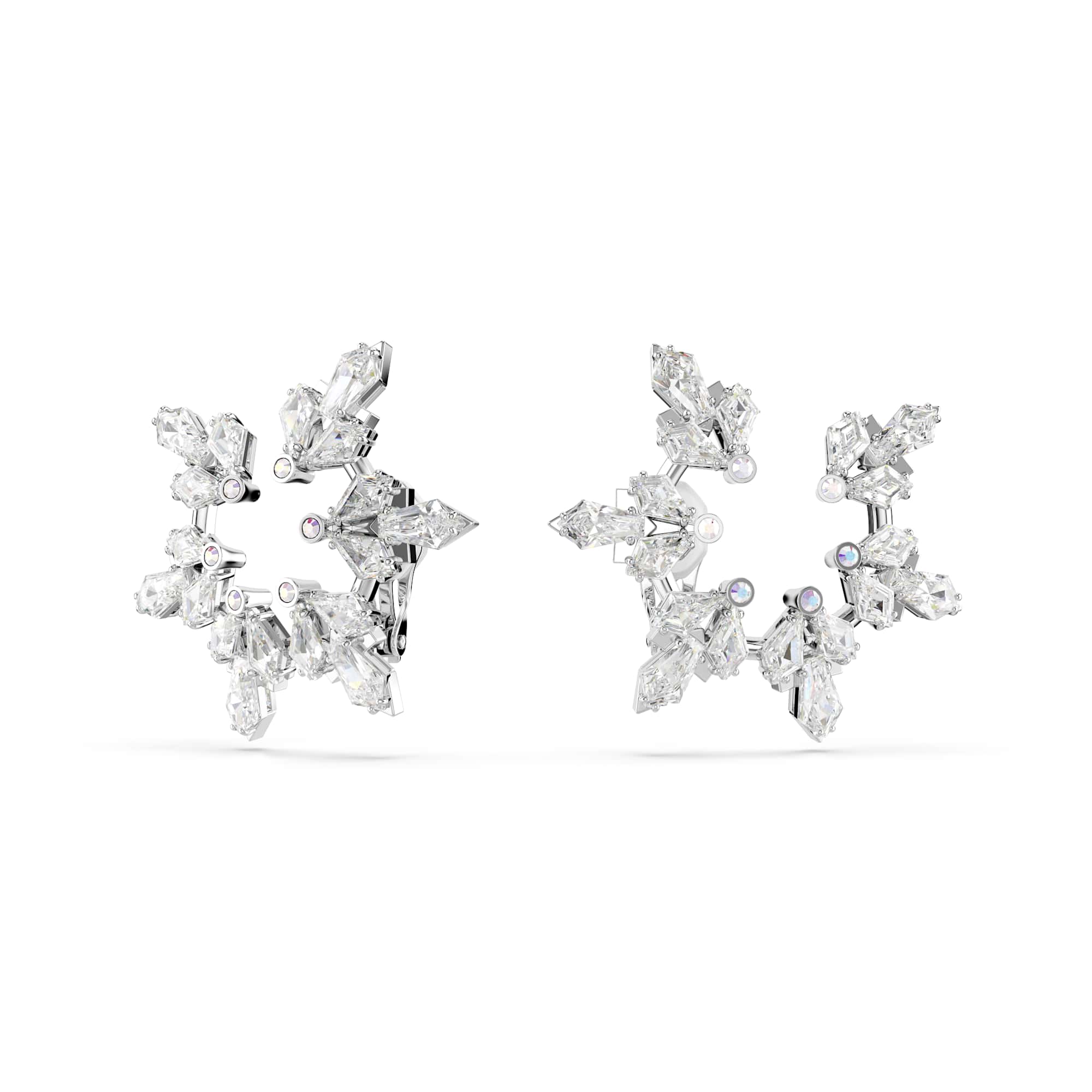 Idyllia clip earrings, Mixed cuts, Snowflake, White, Rhodium plated