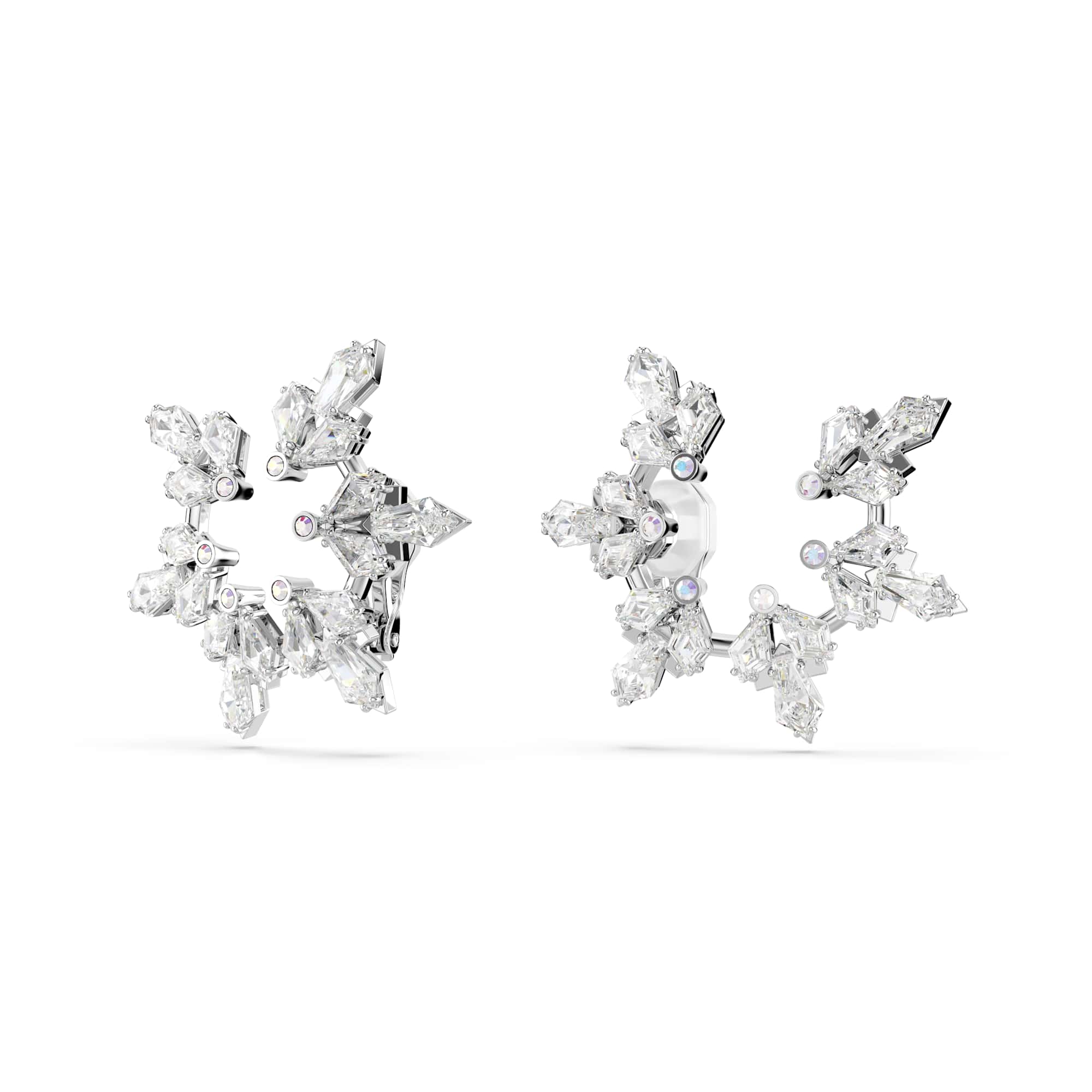 Idyllia clip earrings, Mixed cuts, Snowflake, White, Rhodium plated