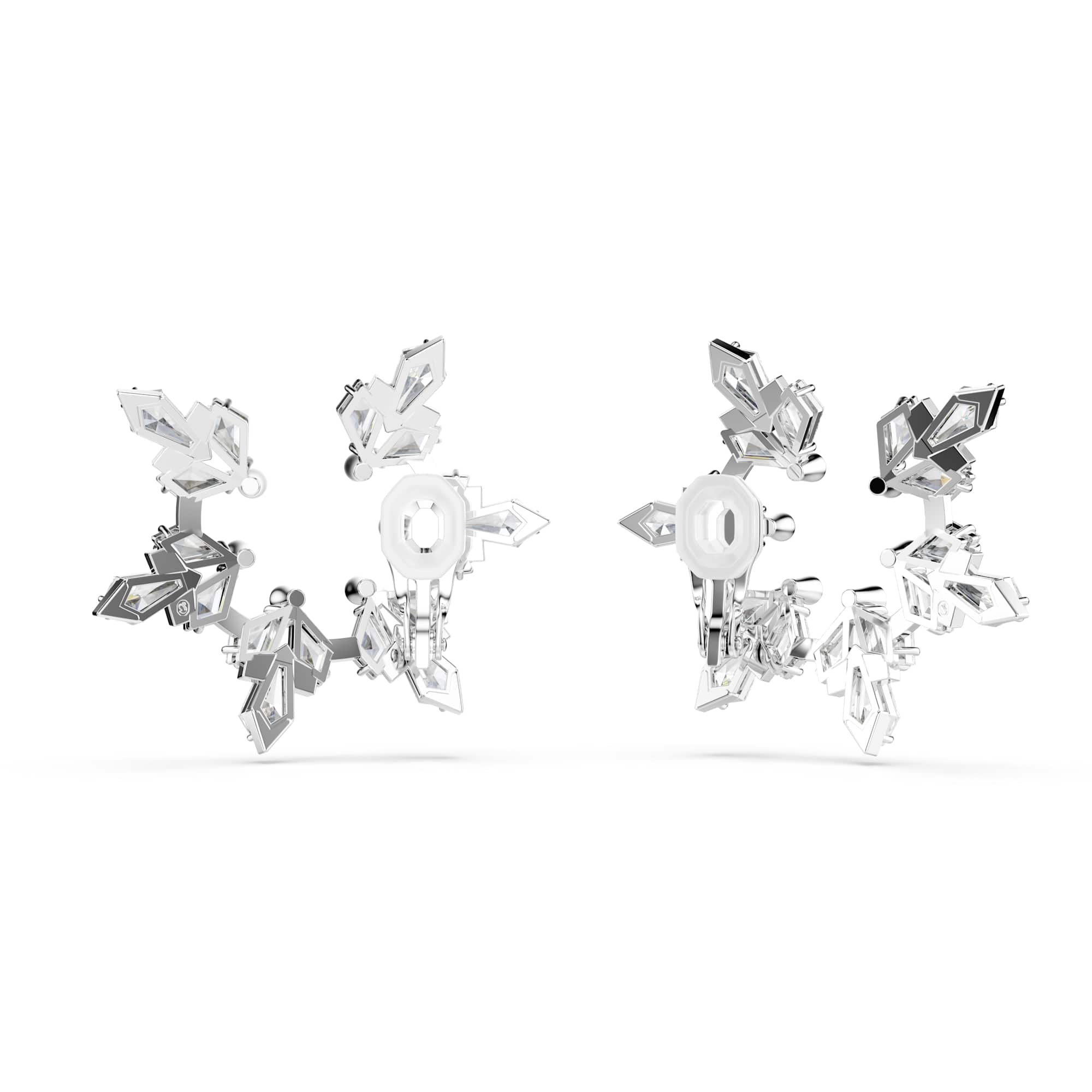 Idyllia clip earrings, Mixed cuts, Snowflake, White, Rhodium plated