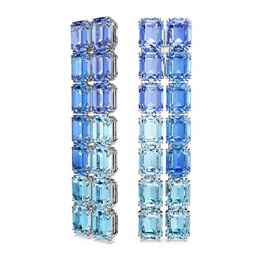 Millenia clip earrings, Octagon cut, Color gradient, Long, Blue, Rhodium plated
