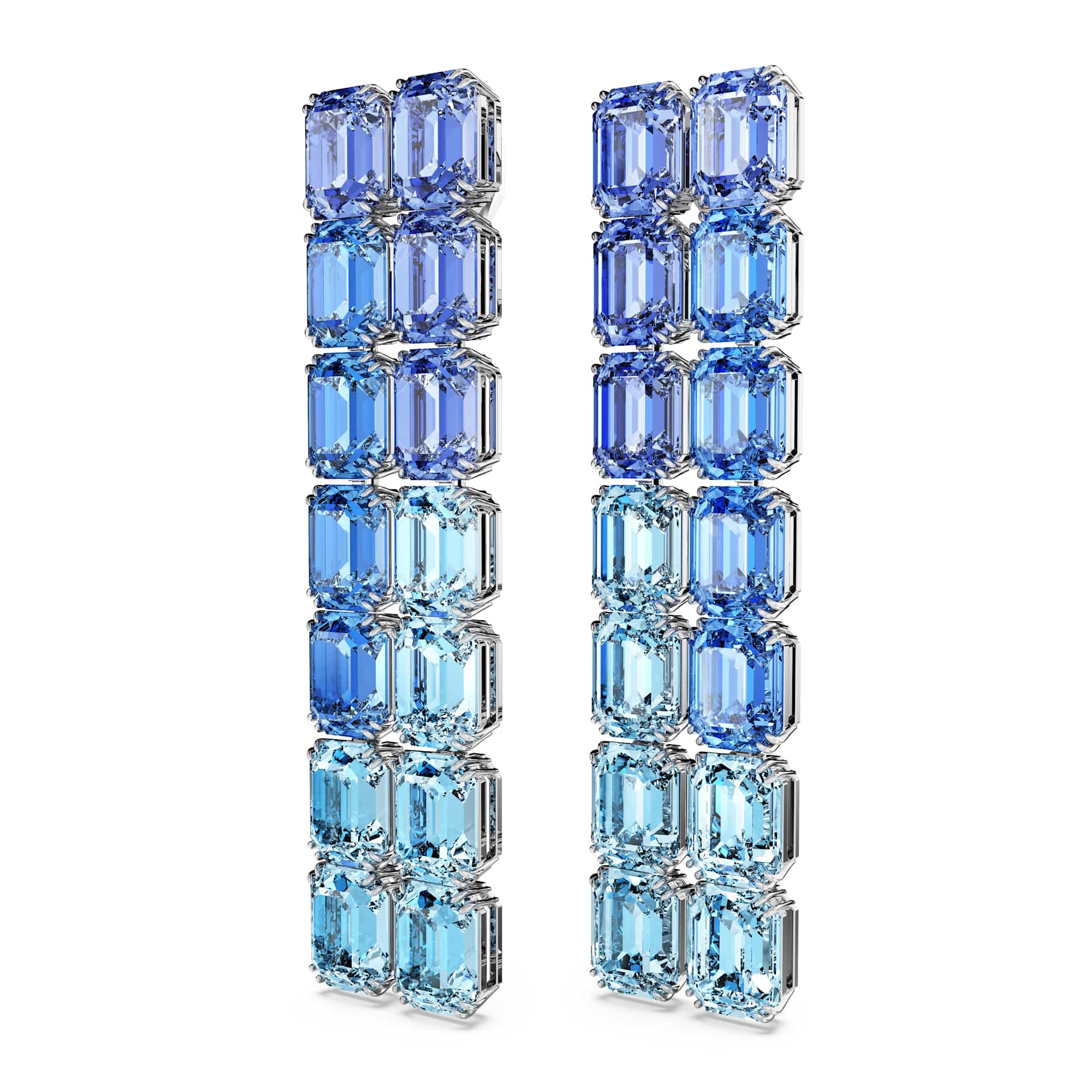 Millenia clip earrings, Octagon cut, Color gradient, Long, Blue, Rhodium plated