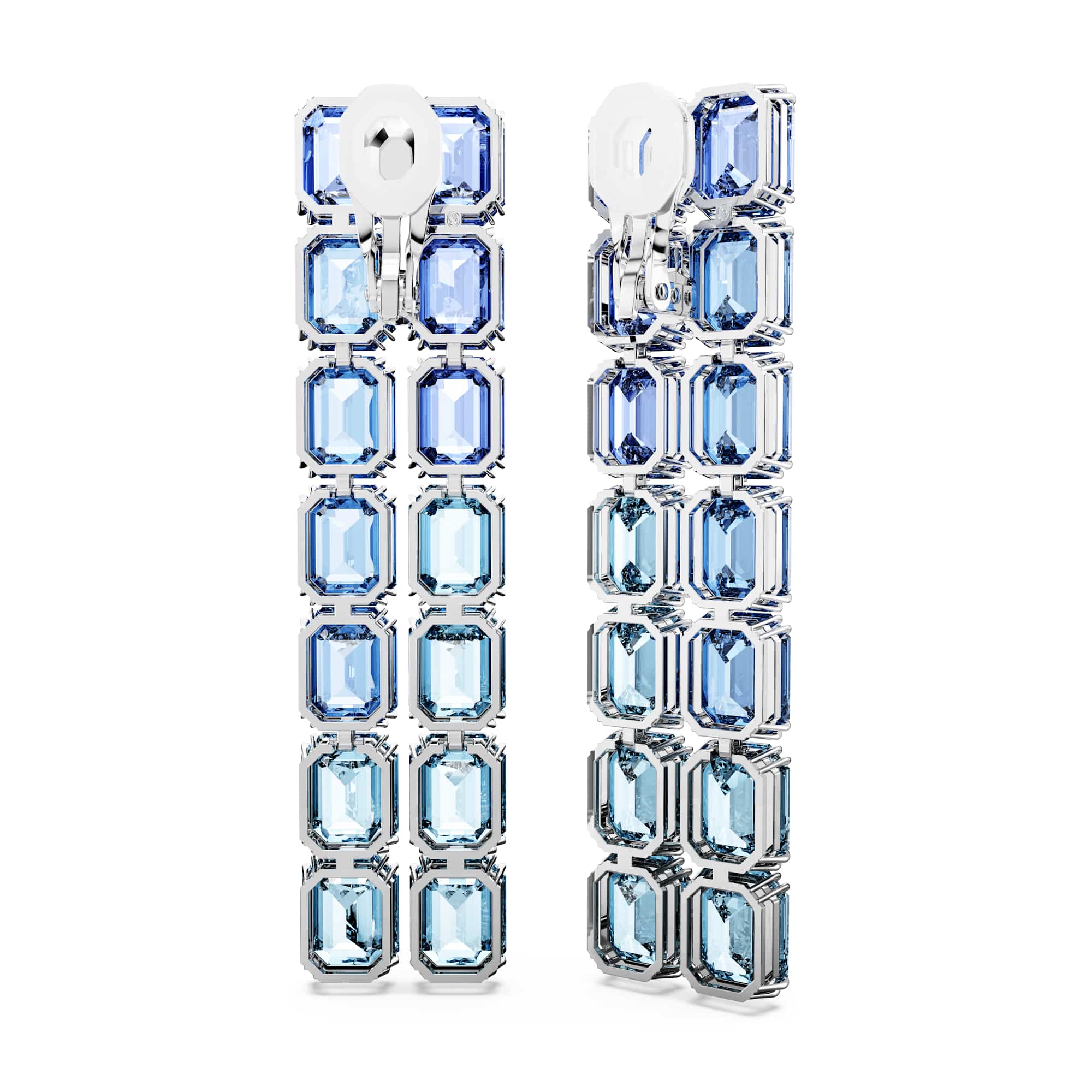 Millenia clip earrings, Octagon cut, Color gradient, Long, Blue, Rhodium plated