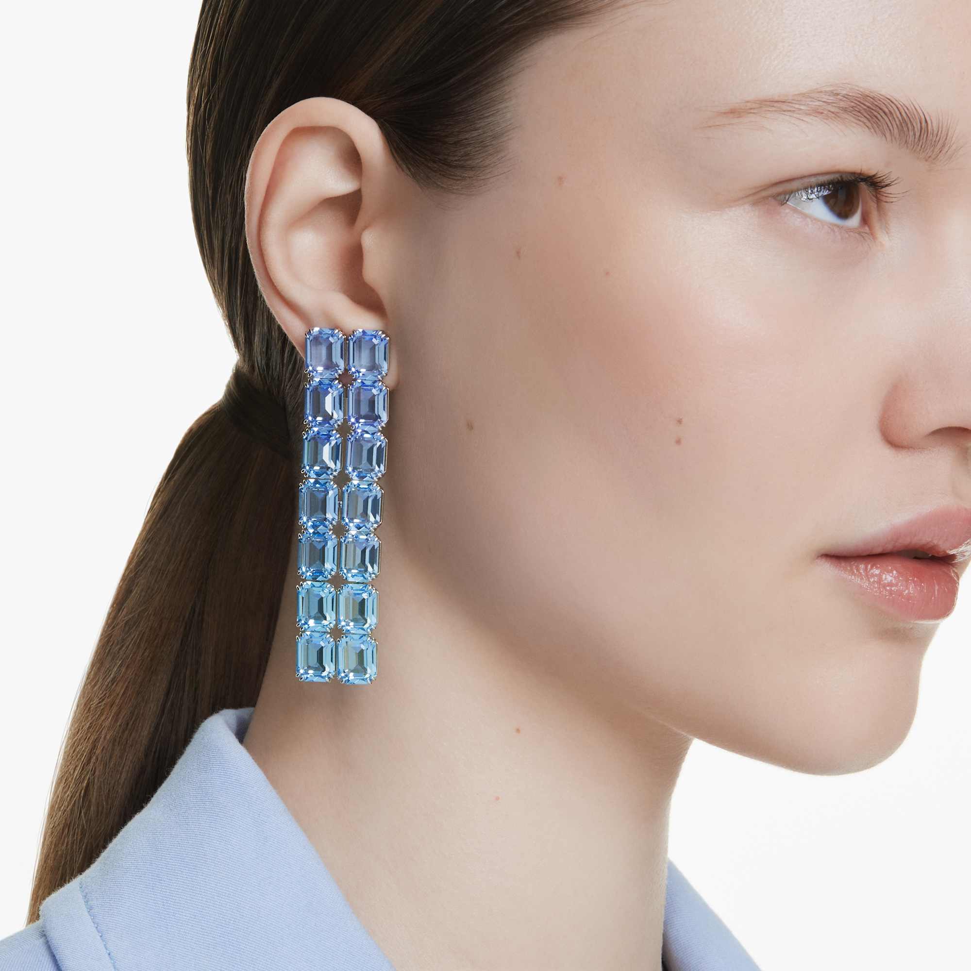 Millenia clip earrings, Octagon cut, Color gradient, Long, Blue, Rhodium plated