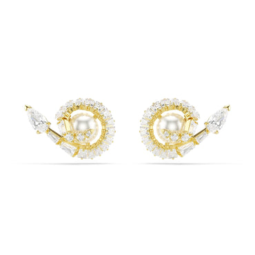 Snake stud earrings, Crystal pearl, Mixed cuts, Year of the Snake, White, 18K gold finish