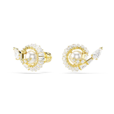 Snake stud earrings, Crystal pearl, Mixed cuts, Year of the Snake, White, 18K gold finish