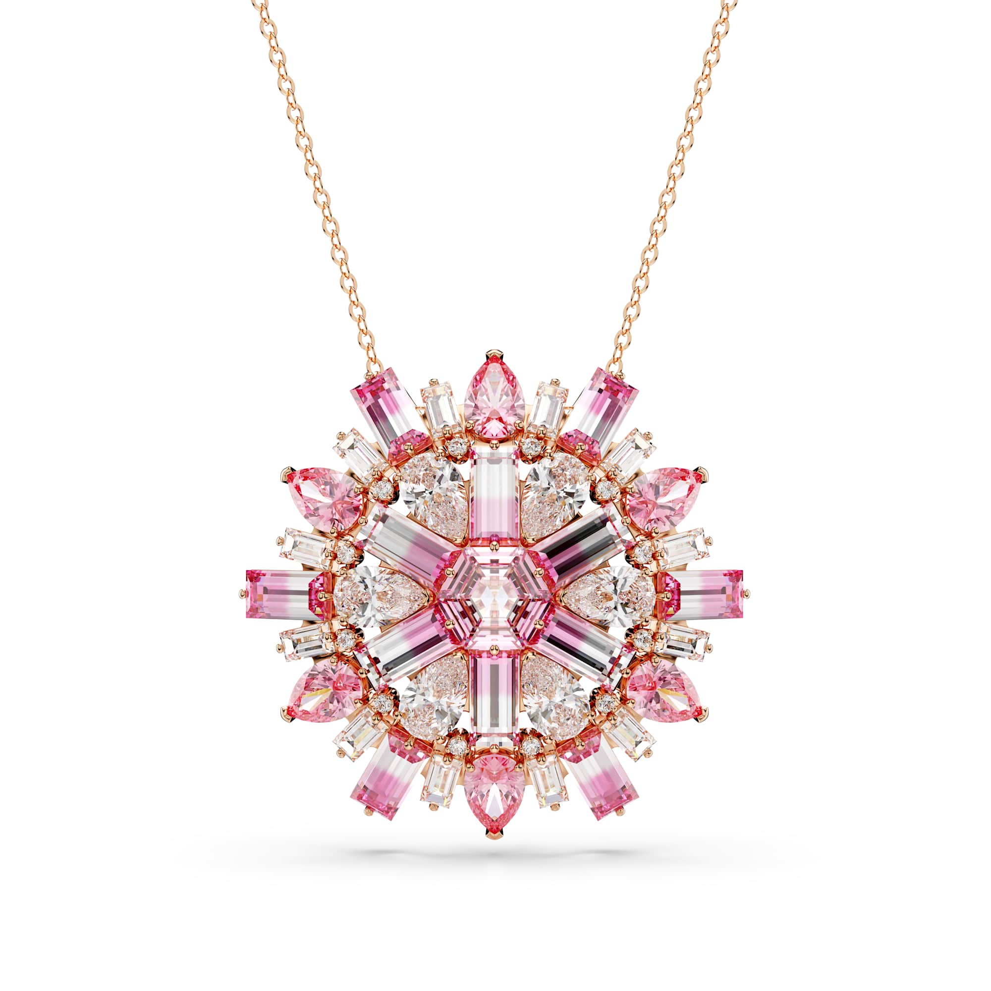Idyllia pendant and brooch, Mixed cuts, Flower, Long, Pink, Rose gold-tone plated
