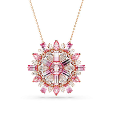 Idyllia pendant and brooch, Mixed cuts, Flower, Long, Pink, Rose gold-tone plated