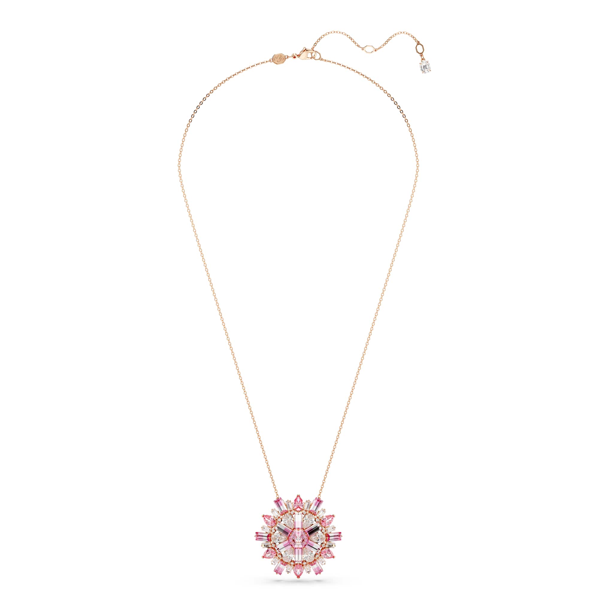 Idyllia pendant and brooch, Mixed cuts, Flower, Long, Pink, Rose gold-tone plated