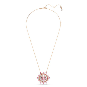 Idyllia pendant and brooch, Mixed cuts, Flower, Long, Pink, Rose gold-tone plated