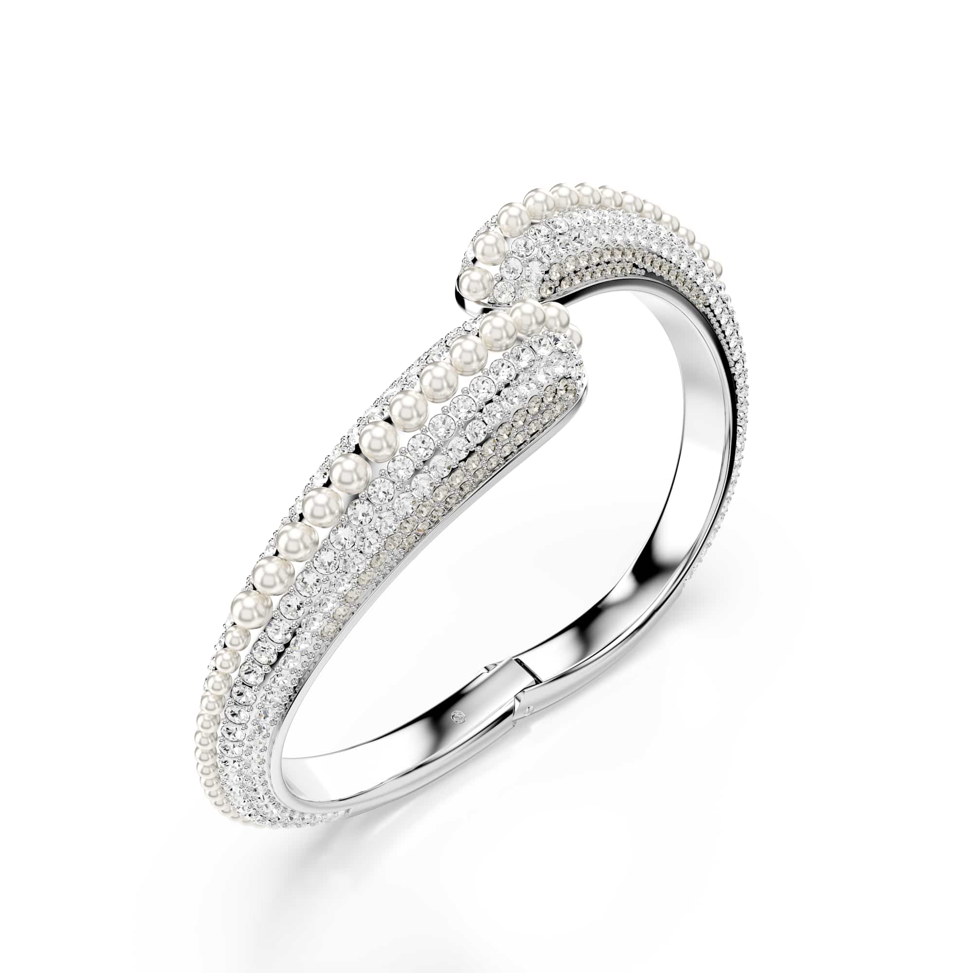 Sublima cuff, Crystal pearl, Round cut, White, Rhodium plated - S