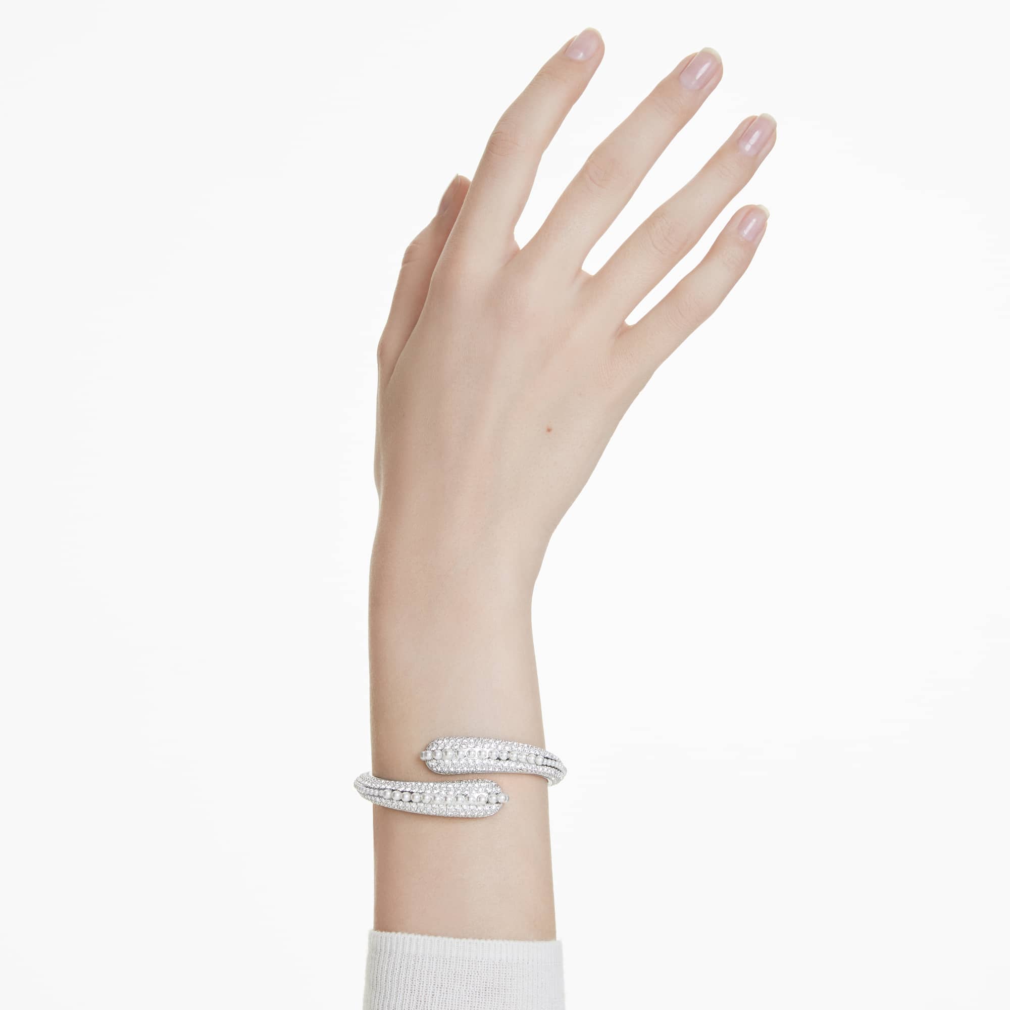Sublima cuff, Crystal pearl, Round cut, White, Rhodium plated - S