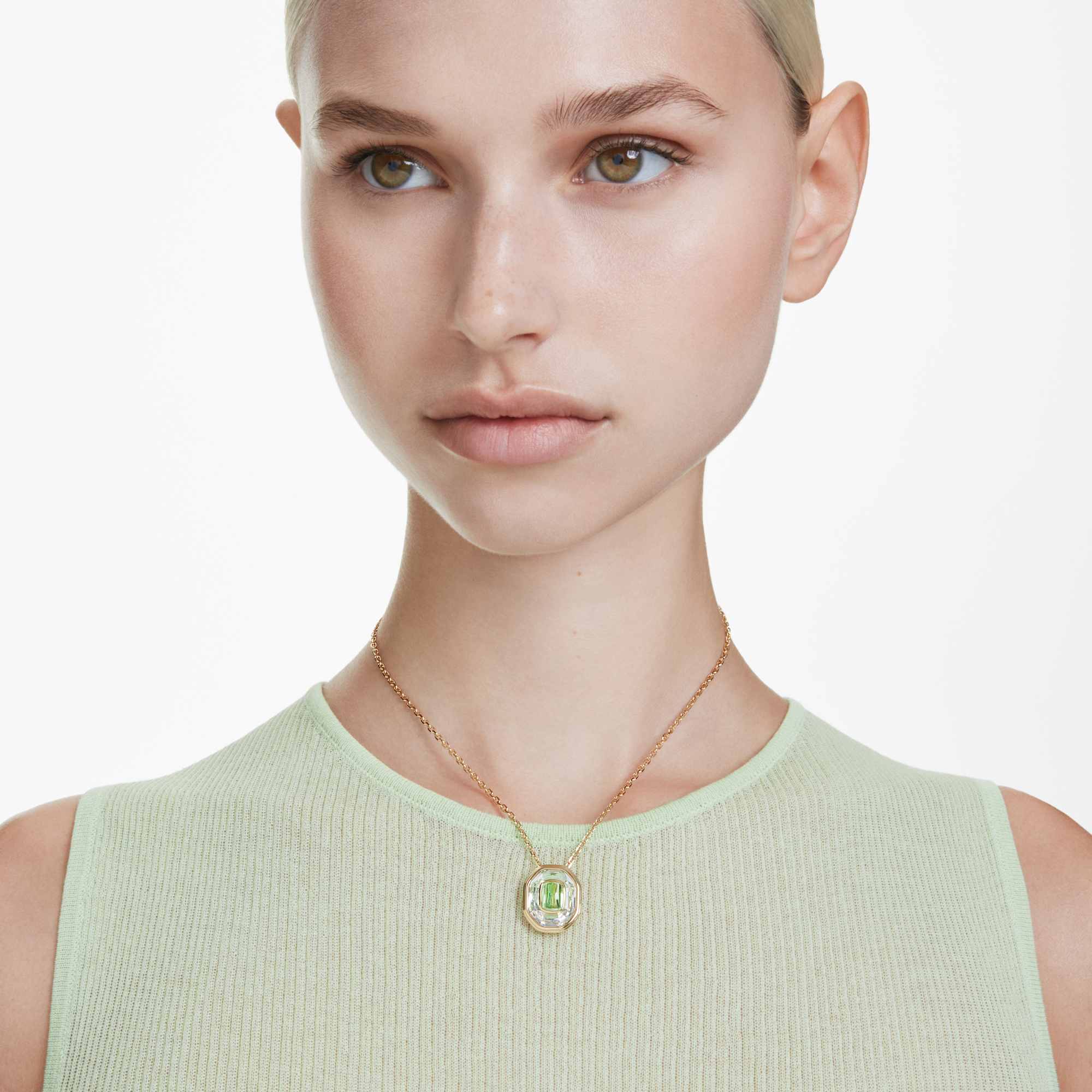 Chroma pendant, Octagon cut, Green, 18K gold finish
