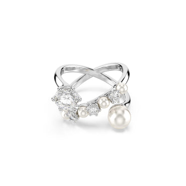 Matrix cocktail ring, Crystal pearl, Round cut, White, Rhodium plated - 55cm