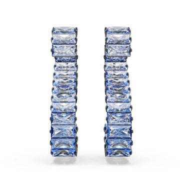 Matrix drop earrings, Baguette cut, Blue, Ruthenium plated