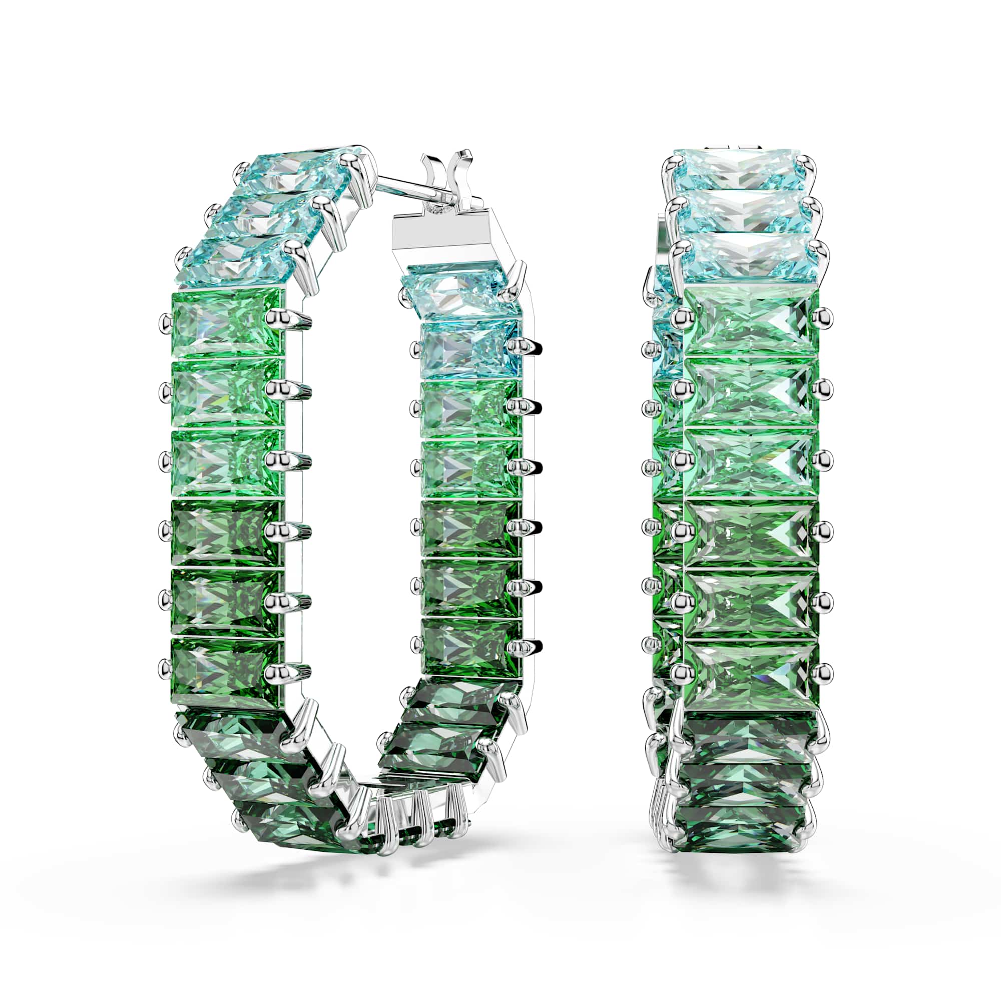 Matrix hoop earrings, Baguette cut, Octagon shape, Color gradient, Green, Rhodium plated
