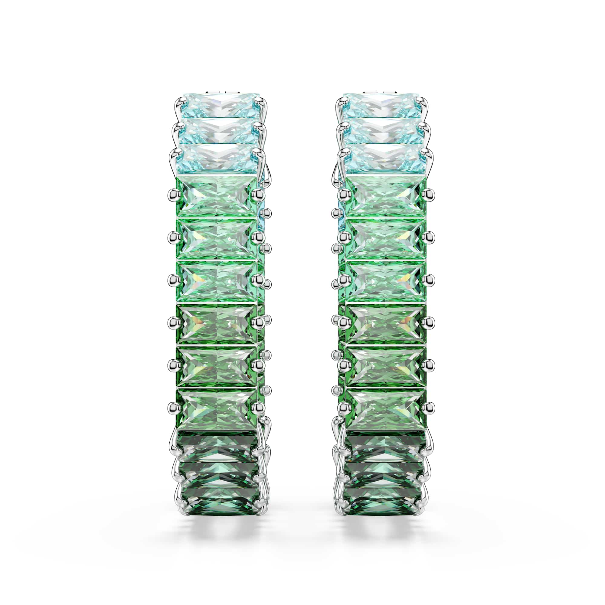 Matrix hoop earrings, Baguette cut, Octagon shape, Color gradient, Green, Rhodium plated