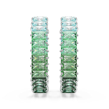 Matrix hoop earrings, Baguette cut, Octagon shape, Color gradient, Green, Rhodium plated