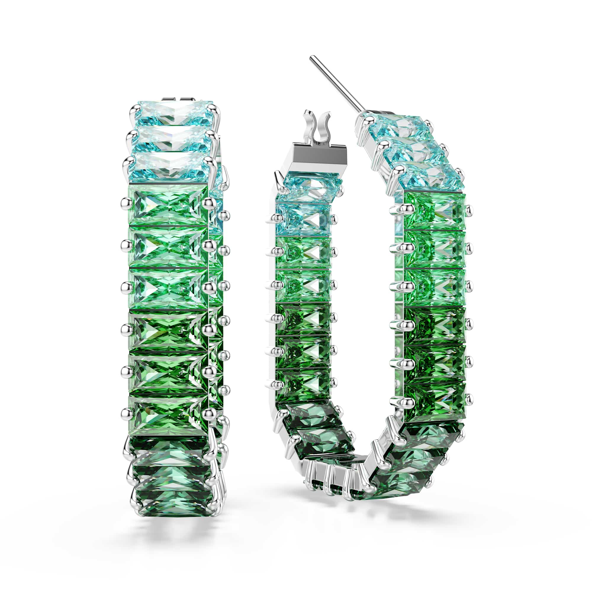 Matrix hoop earrings, Baguette cut, Octagon shape, Color gradient, Green, Rhodium plated