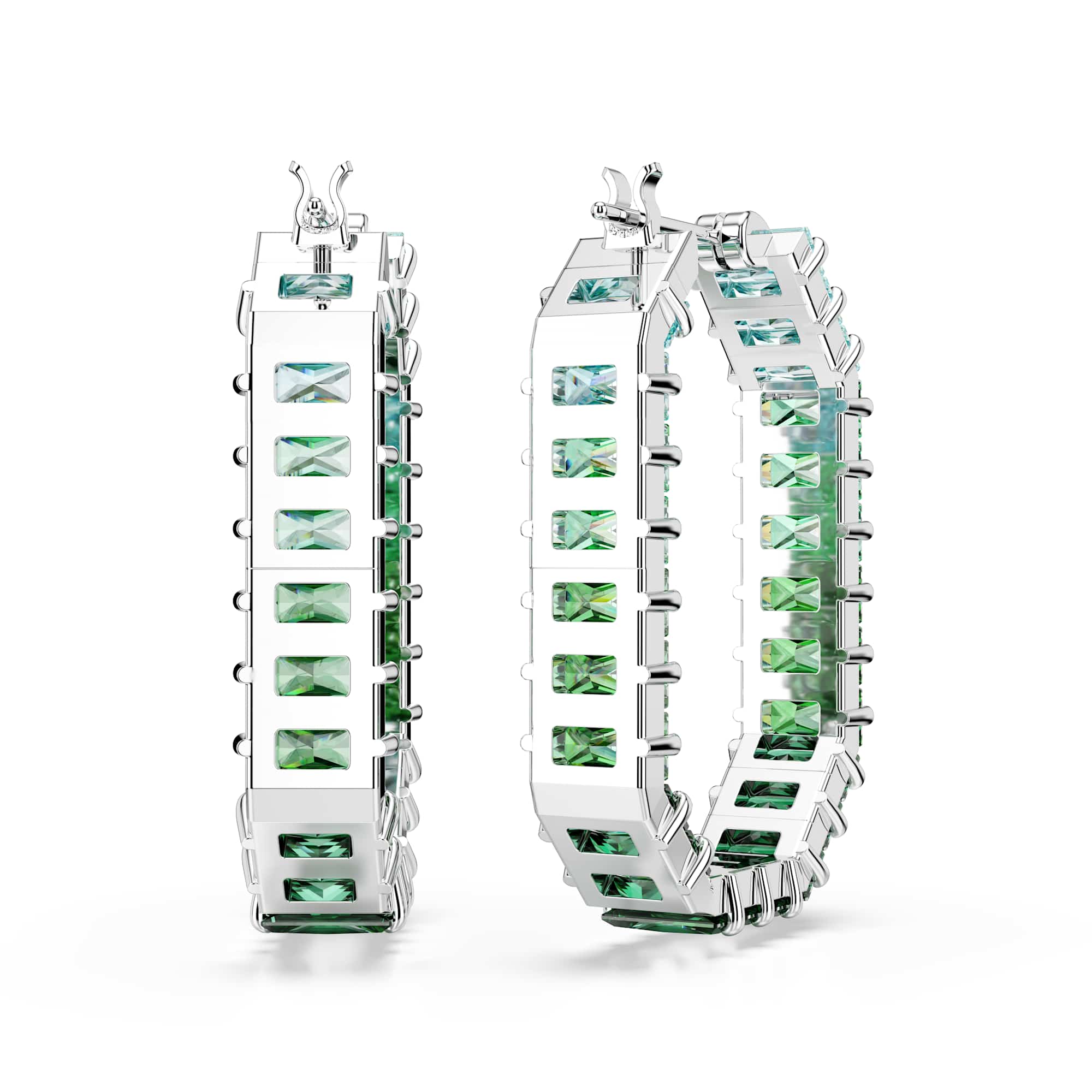 Matrix hoop earrings, Baguette cut, Octagon shape, Color gradient, Green, Rhodium plated
