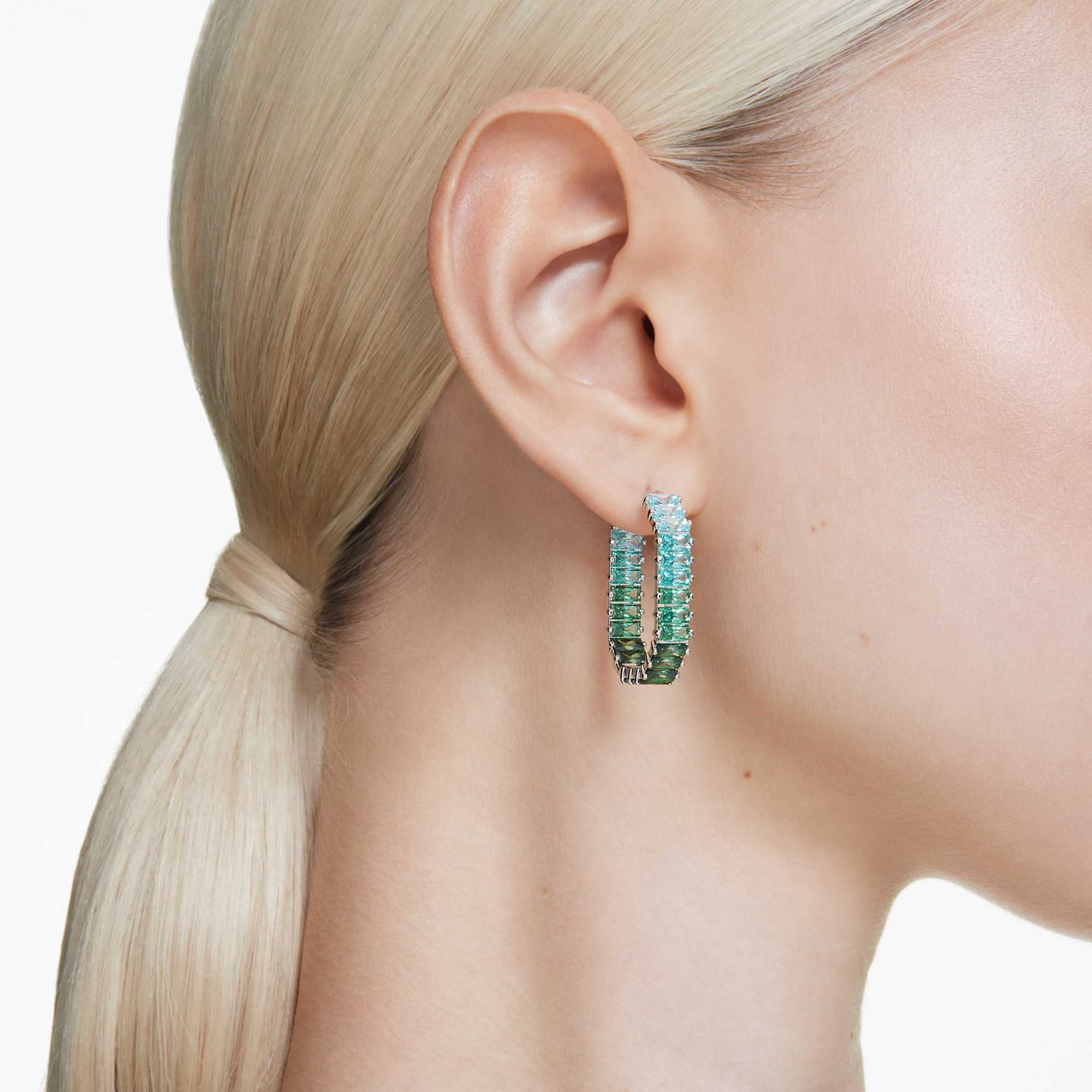 Matrix hoop earrings, Baguette cut, Octagon shape, Color gradient, Green, Rhodium plated