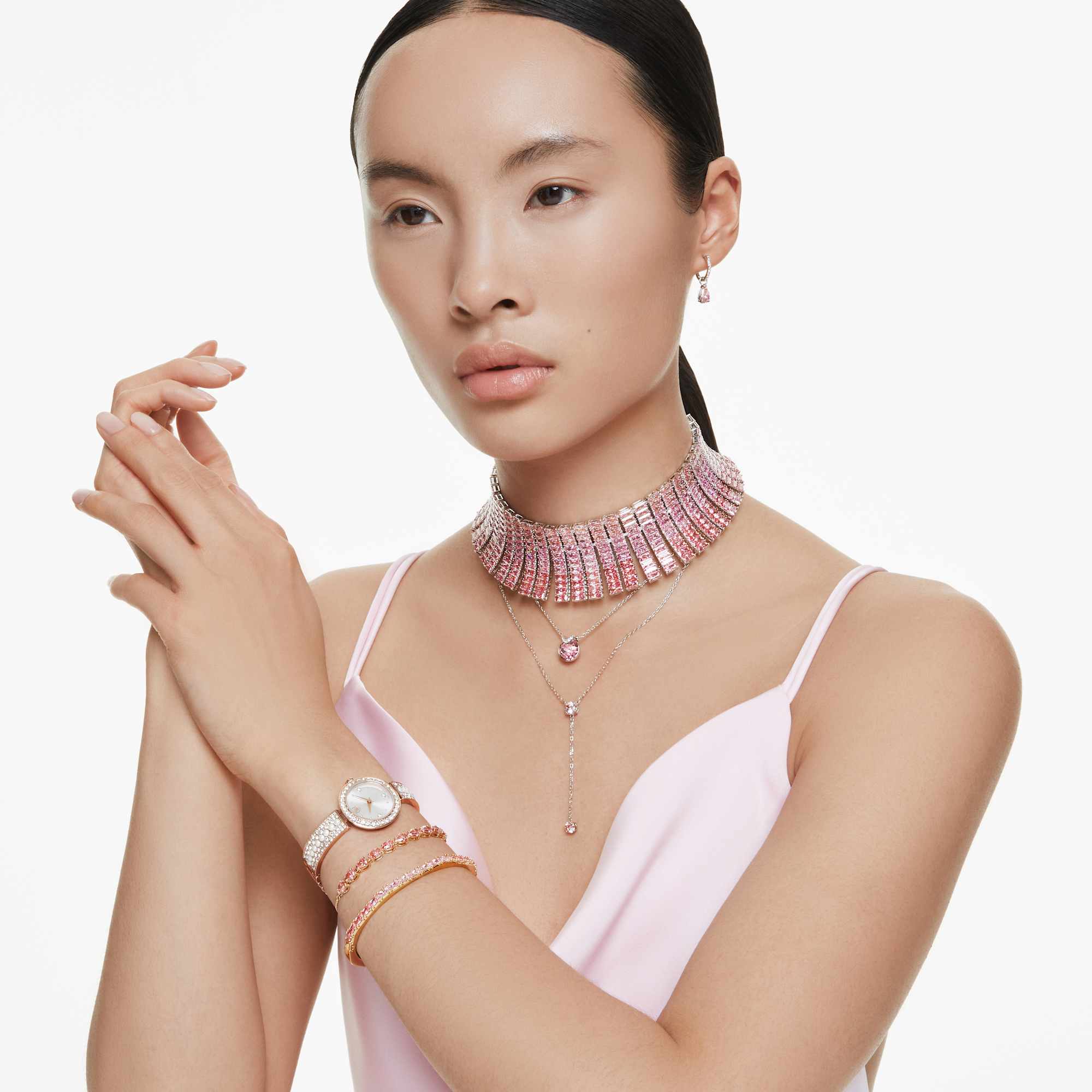 Matrix bangle, Baguette cut, Octagon shape, Pink, 18K gold finish - M