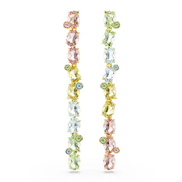 Gema drop earrings, Asymmetrical design, Mixed cuts, Long, Multicolored, 18K gold finish