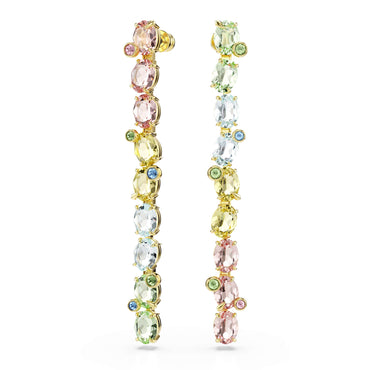 Gema drop earrings, Asymmetrical design, Mixed cuts, Long, Multicolored, 18K gold finish