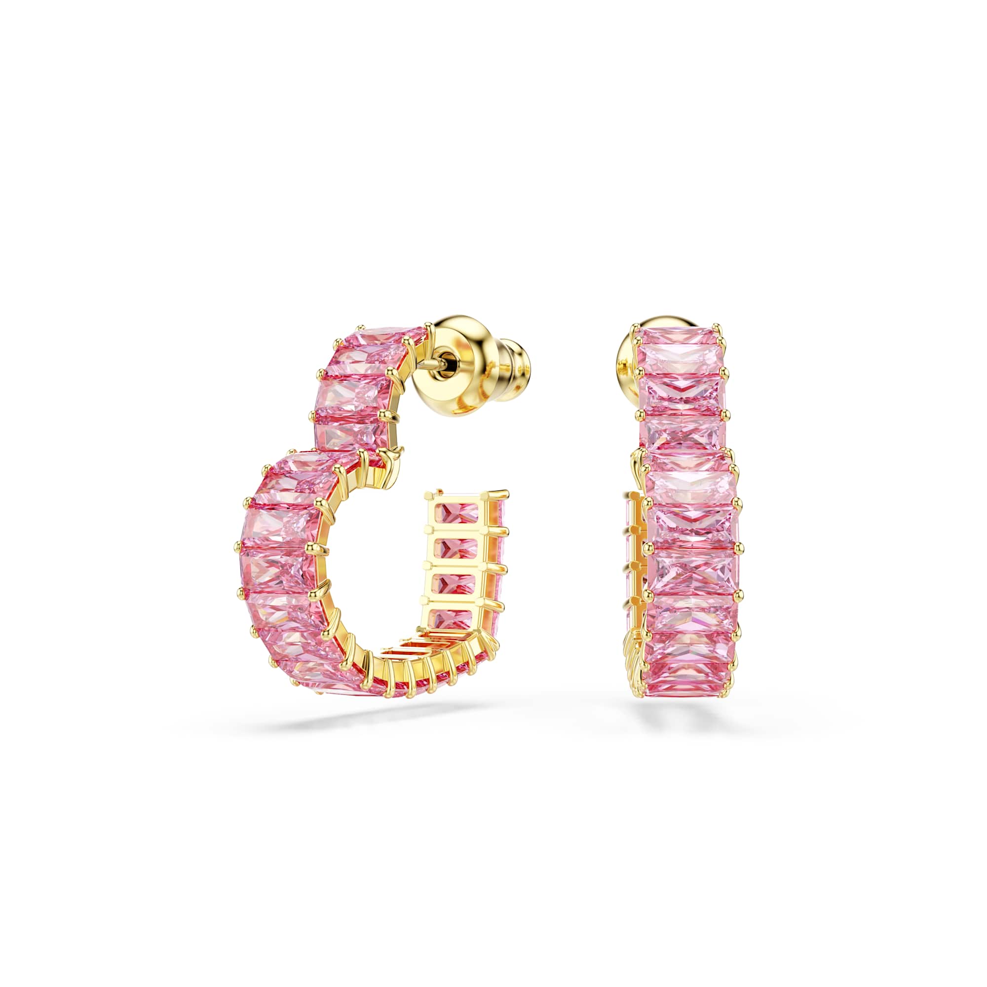 Matrix hoop earrings, Baguette cut, Heart, Small, Pink, 18K gold finish