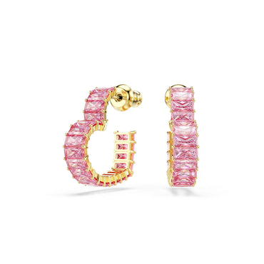 Matrix hoop earrings, Baguette cut, Heart, Small, Pink, 18K gold finish