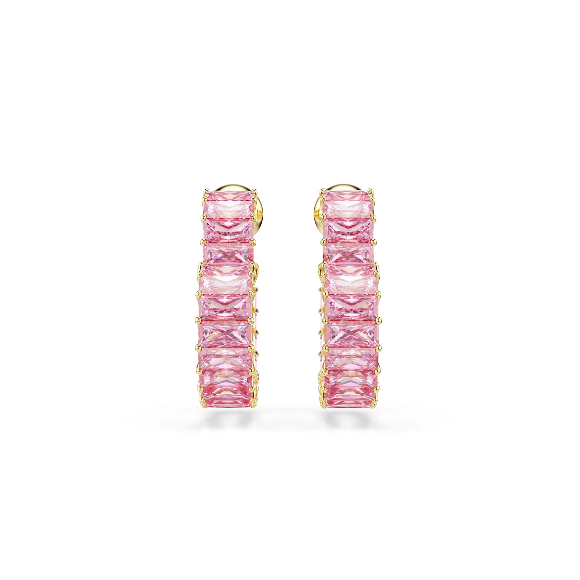 Matrix hoop earrings, Baguette cut, Heart, Small, Pink, 18K gold finish