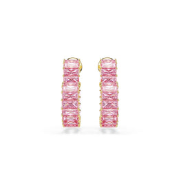 Matrix hoop earrings, Baguette cut, Heart, Small, Pink, 18K gold finish