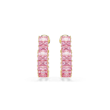 Matrix hoop earrings, Baguette cut, Heart, Small, Pink, 18K gold finish