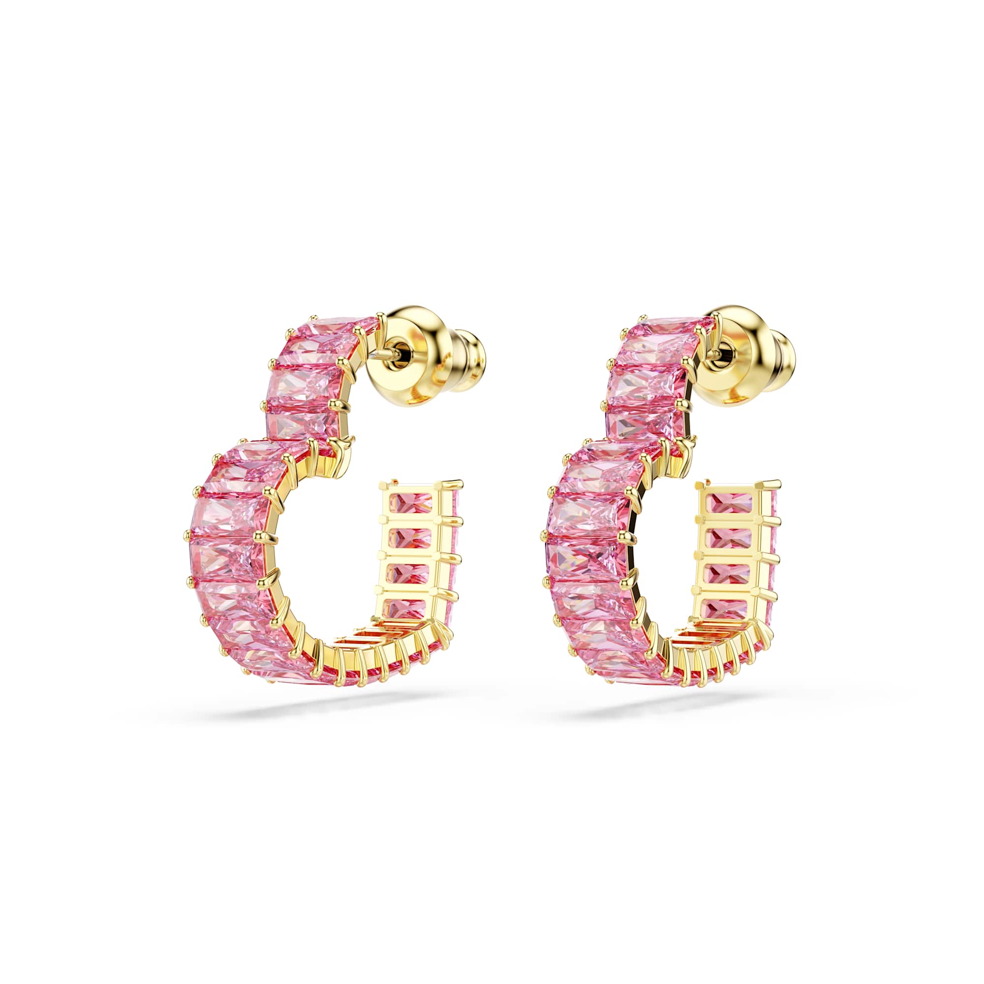 Matrix hoop earrings, Baguette cut, Heart, Small, Pink, 18K gold finish