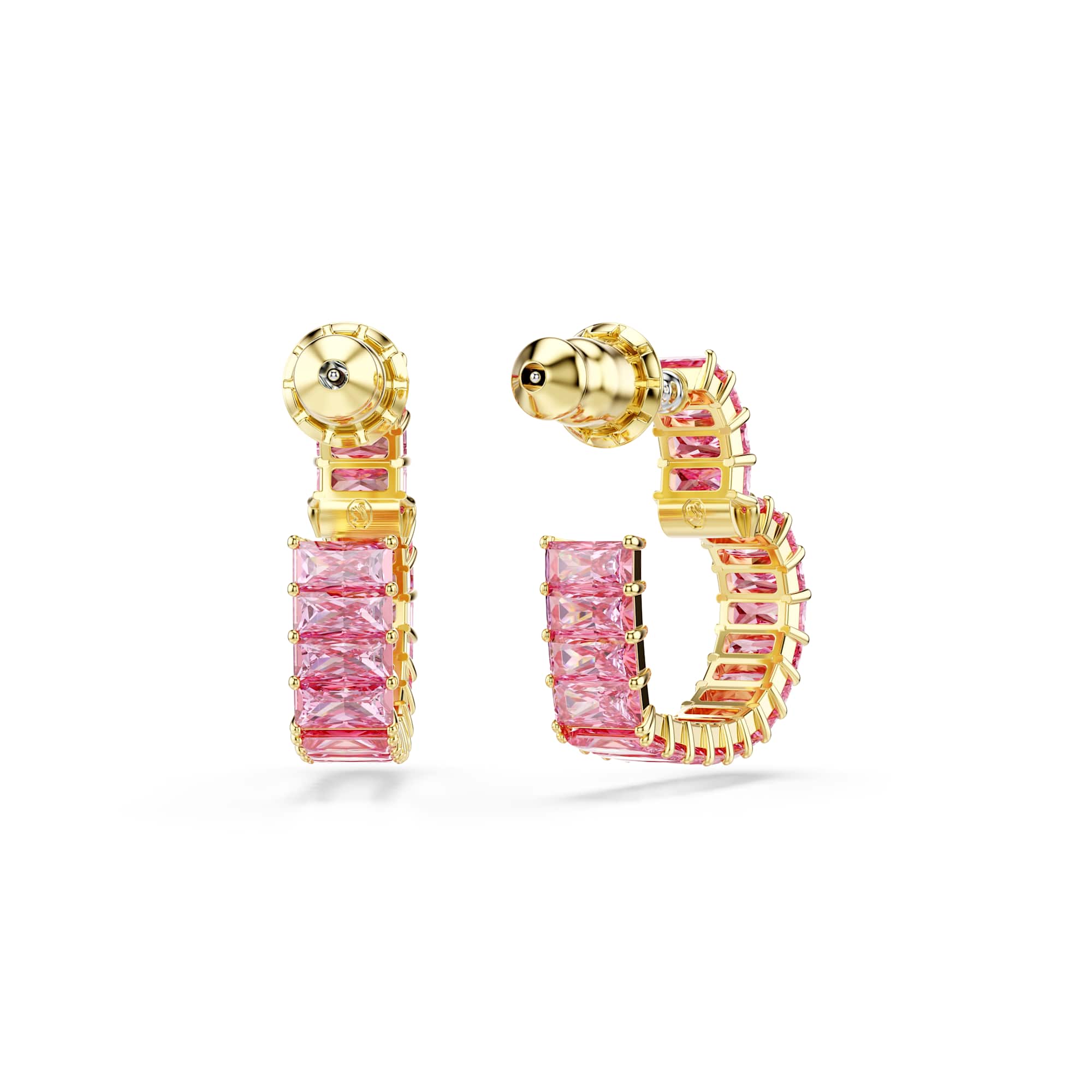 Matrix hoop earrings, Baguette cut, Heart, Small, Pink, 18K gold finish