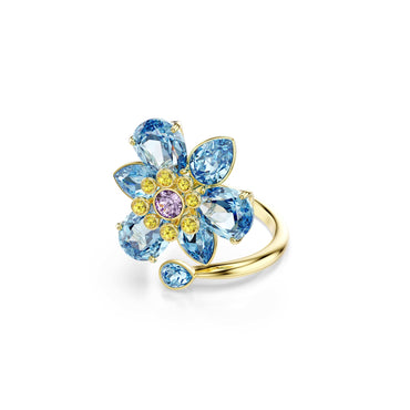 Idyllia open ring, Mixed cuts, Flower, Blue, 18K gold finish - 55cm