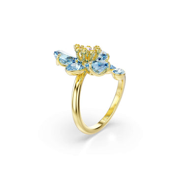 Idyllia open ring, Mixed cuts, Flower, Blue, 18K gold finish - 55cm