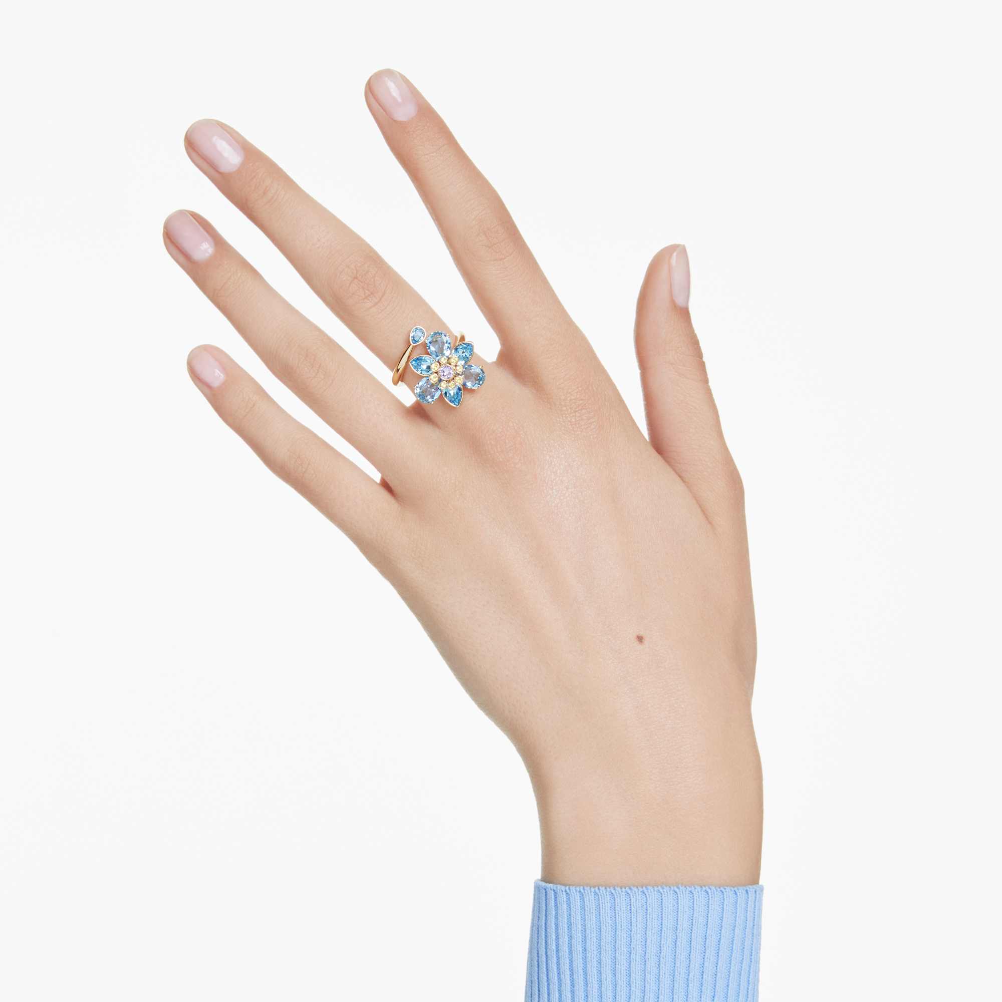Idyllia open ring, Mixed cuts, Flower, Blue, 18K gold finish - 55cm