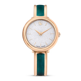 Crystalline bangle watch, Swiss Made, Metal bracelet, Green, Rose gold-tone finish