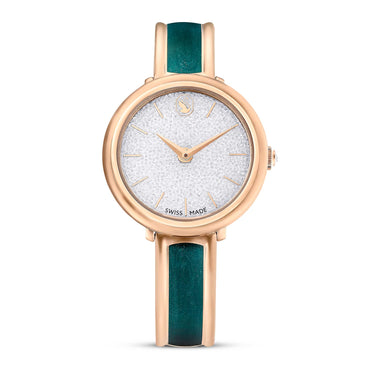 Crystalline bangle watch, Swiss Made, Metal bracelet, Green, Rose gold-tone finish