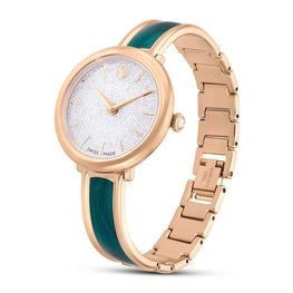 Crystalline bangle watch, Swiss Made, Metal bracelet, Green, Rose gold-tone finish