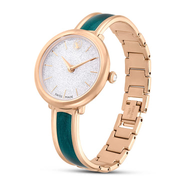 Crystalline bangle watch, Swiss Made, Metal bracelet, Green, Rose gold-tone finish