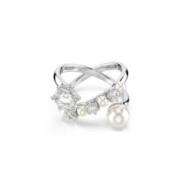 Matrix cocktail ring, Crystal pearl, Round cut, White, Rhodium plated - 60cm