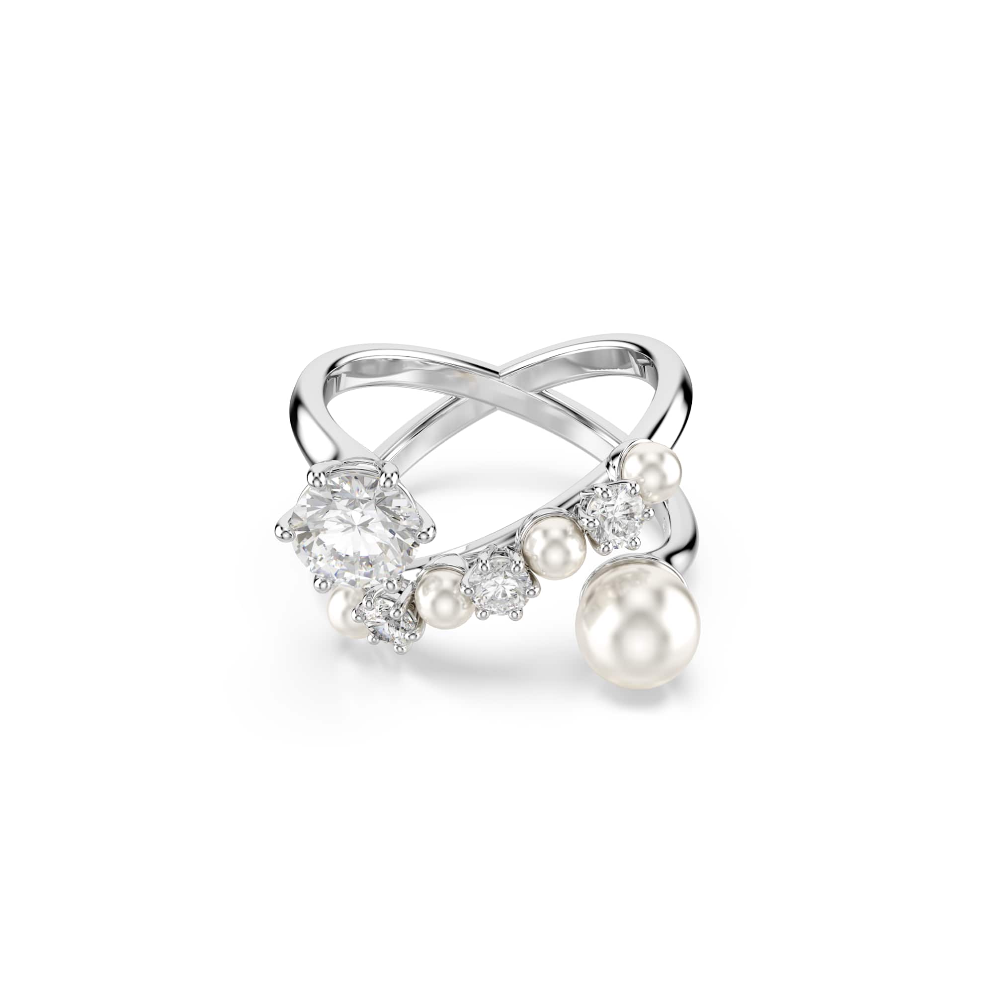 Matrix cocktail ring, Crystal pearl, Round cut, White, Rhodium plated - 52cm