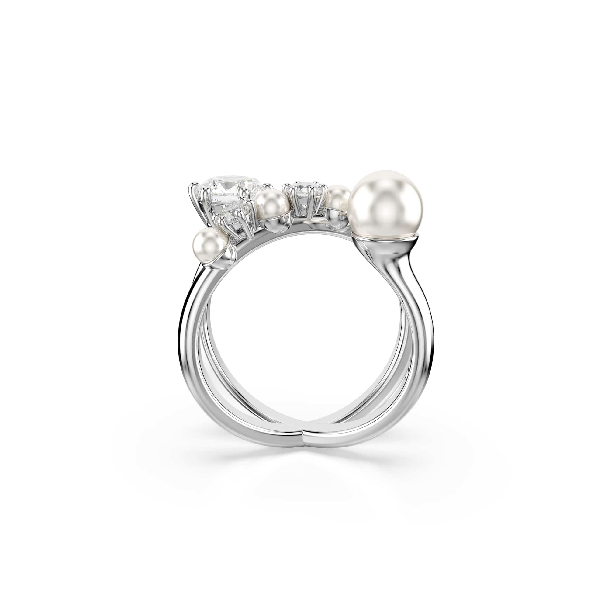 Matrix cocktail ring, Crystal pearl, Round cut, White, Rhodium plated - 52cm
