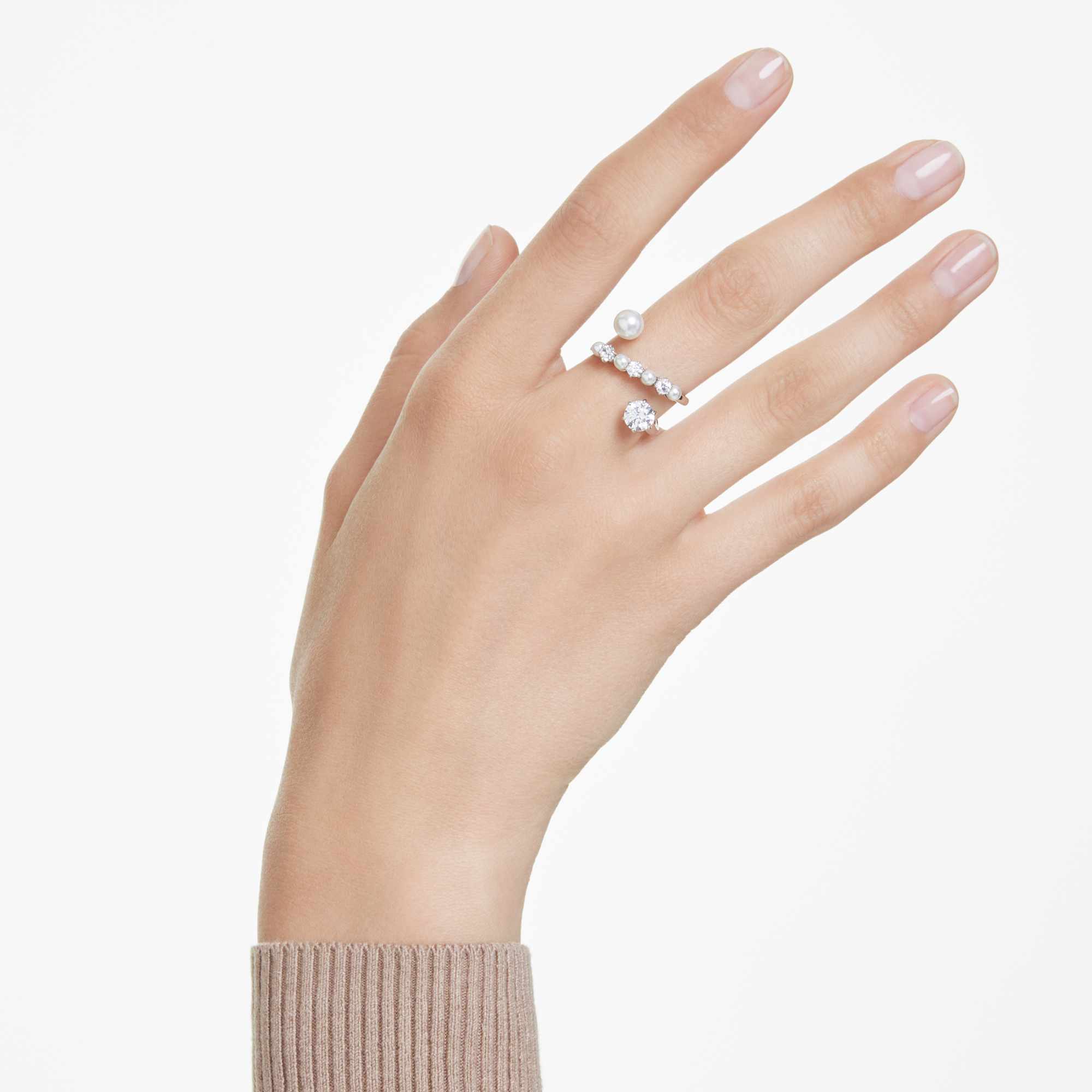 Matrix cocktail ring, Crystal pearl, Round cut, White, Rhodium plated - 52cm