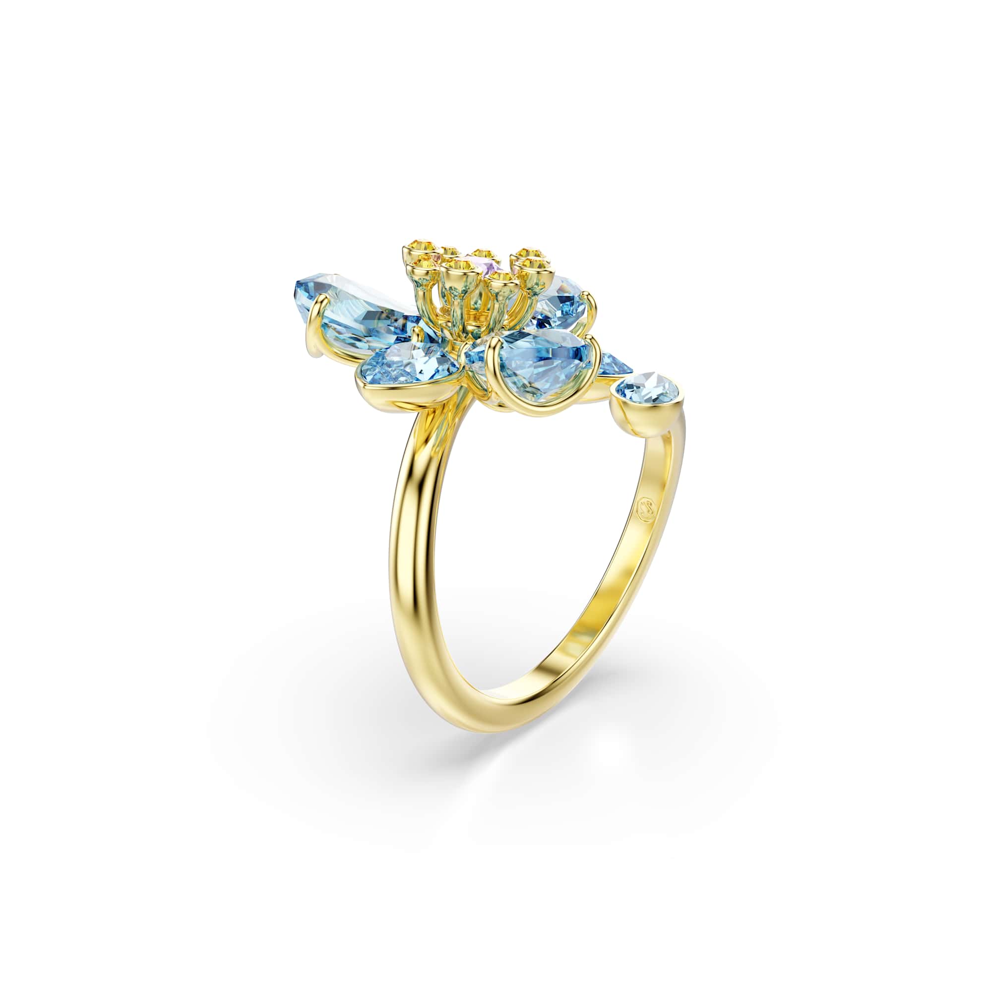 Idyllia open ring, Mixed cuts, Flower, Blue, 18K gold finish - 52cm