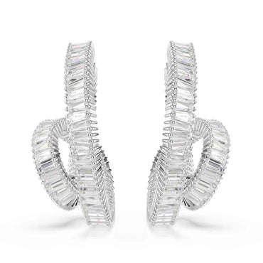 Matrix hoop earrings, Baguette cut, Ribbon, White, Rhodium plated