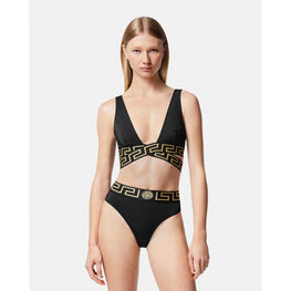 Women Greca Border High Waist Bikini Bottoms - Black