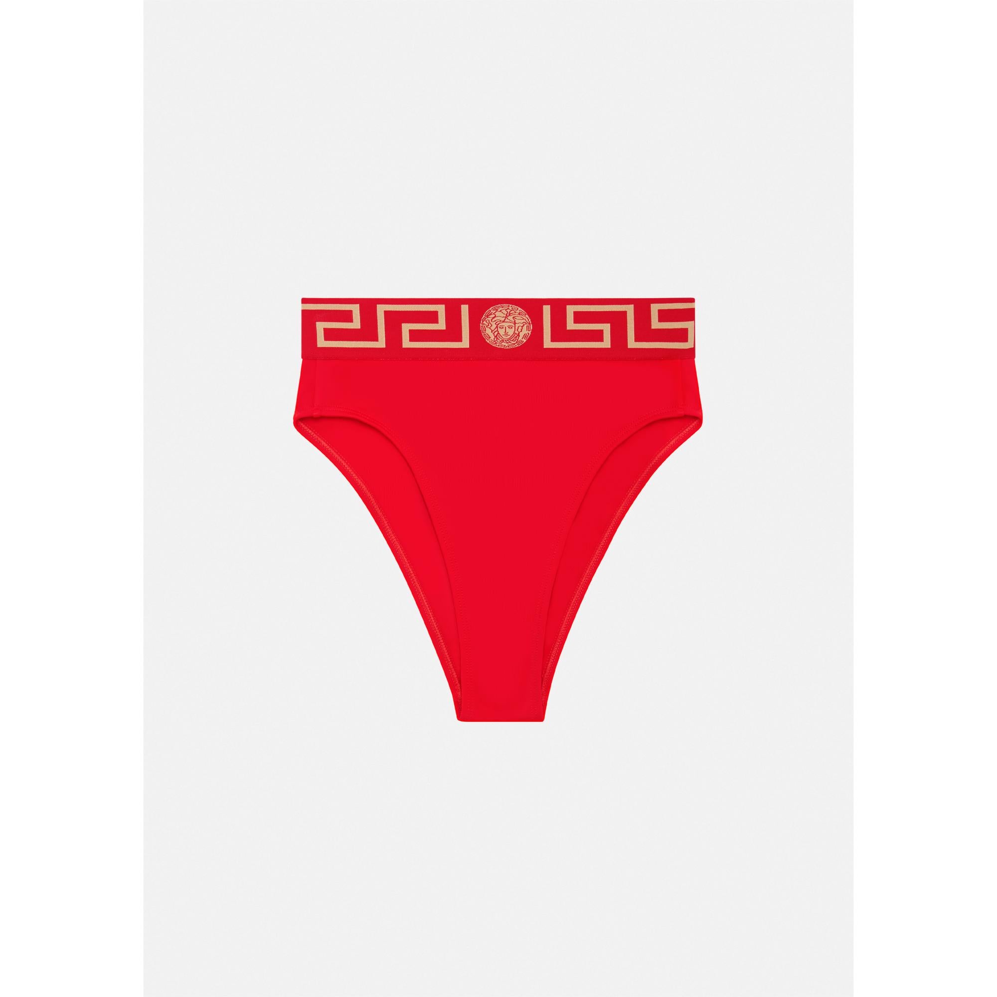 Women Greca Border High Waist Bikini Bottoms - Red