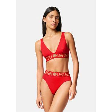 Women Greca Border High Waist Bikini Bottoms - Red